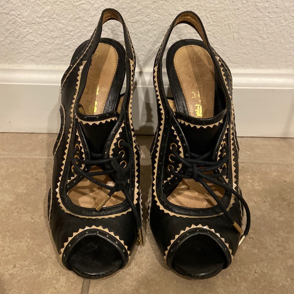 L.A.M.B. Black lace open toes heels size 7